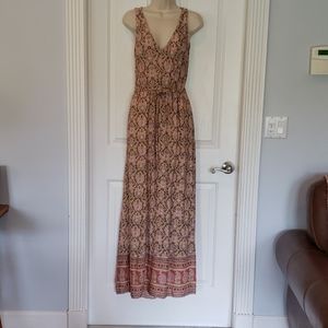 LUCKY BRAND MAXI DRESS NEW TAN PINK FLORAL XS X SMALL
